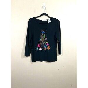 VTG Womens Beaded Sequined Christmas Tree Shirt L Black 90s Slinky Glam Party